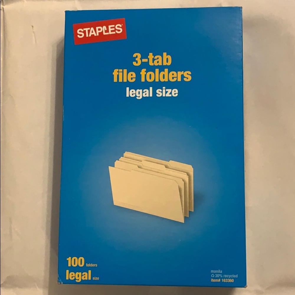 Staples Manila File Folders, Legal, 3 Tab, 100/Box